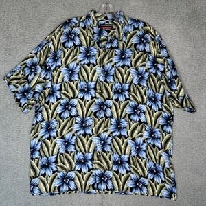 John Henry Viva Tropical Mens Large Blue Floral Orchid Rayon Aloha Camp Shirt